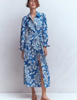 Boden Robes & Combinaisons|Midi-Robe midi Alexa à manches longues Bleu, motif Decorative Blossom