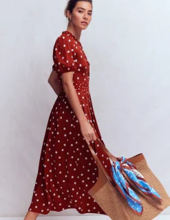 Boden Robes & Combinaisons|Midi-Robe midi Amber plissée en jersey Orange brûlé, pois peints