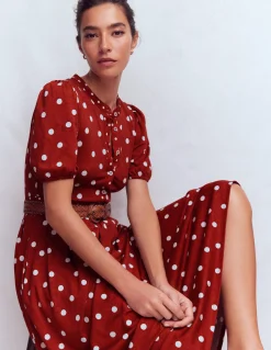 Boden Robes & Combinaisons|Midi-Robe midi Amber plissée en jersey Orange brûlé, pois peints