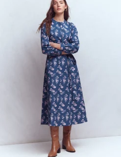 Boden Robes & Combinaisons|Midi-Robe midi Ava en coton Bleu jean, motif Blossomy Sprig