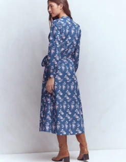 Boden Robes & Combinaisons|Midi-Robe midi Ava en coton Bleu jean, motif Blossomy Sprig