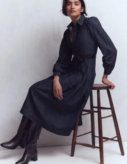 Boden Robes & Combinaisons|Midi-Robe midi en jean à jupe plissée Indigo