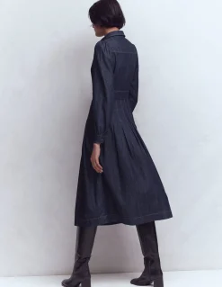 Boden Robes & Combinaisons|Midi-Robe midi en jean à jupe plissée Indigo