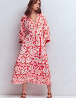 Boden Robes & Combinaisons|Midi-Robe midi Nell façon kimono en jersey Cerise vif, motif Ornate Floret