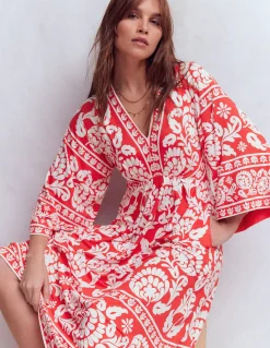 Boden Robes & Combinaisons|Midi-Robe midi Nell façon kimono en jersey Cerise vif, motif Ornate Floret