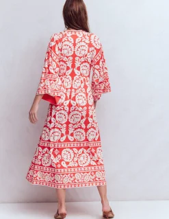 Boden Robes & Combinaisons|Midi-Robe midi Nell façon kimono en jersey Cerise vif, motif Ornate Floret