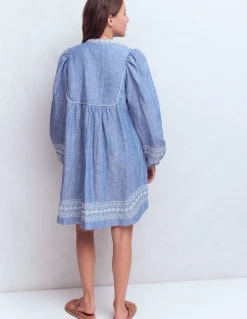 Boden Robes & Combinaisons|Robes Coupe Petite-Robe Pia en lin avec empiècement à pampilles Broderie chambray