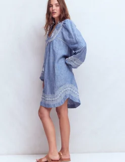 Boden Robes & Combinaisons|Robes Coupe Petite-Robe Pia en lin avec empiècement à pampilles Broderie chambray