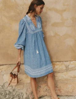 Boden Robes & Combinaisons|Robes Coupe Petite-Robe Pia en lin avec empiècement à pampilles Broderie chambray