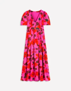 Boden Robes & Combinaisons|Longues-Robe plissée en soie à col V Motif floral rose