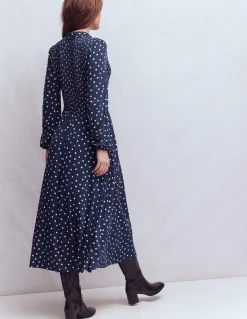 Boden Robes & Combinaisons|Midi-Robe-chemise à smocks en jersey Bleu marine foncé, pois peints