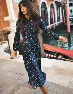 Boden Robes & Combinaisons|Midi-Robe-chemise à smocks en jersey Bleu marine foncé, pois peints