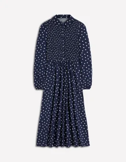 Boden Robes & Combinaisons|Midi-Robe-chemise à smocks en jersey Bleu marine foncé, pois peints