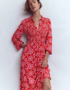Boden Robes & Combinaisons|Midi-Robe-chemise à smocks en jersey Rouge Merida, motif Decorative Blossom