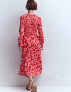 Boden Robes & Combinaisons|Midi-Robe-chemise à smocks en jersey Rouge Merida, motif Decorative Blossom