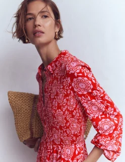 Boden Robes & Combinaisons|Midi-Robe-chemise à smocks en jersey Rouge Merida, motif Decorative Blossom