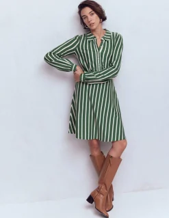 Boden Tenues De Travail|Robes & Combinaisons-Robe-chemise courte en jersey Orla Vert chasseur, rayé ivoire