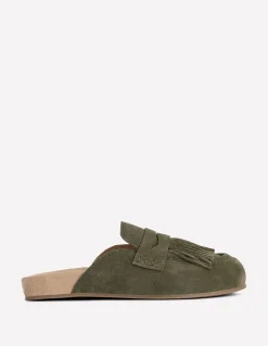 Boden Chaussures Plates-Sabots Etta façon mules avec franges Vert olive profond
