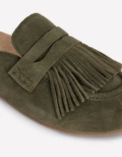 Boden Chaussures Plates-Sabots Etta façon mules avec franges Vert olive profond