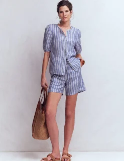 Boden Shorts-Short Islington en lin Rayé bleu connecté