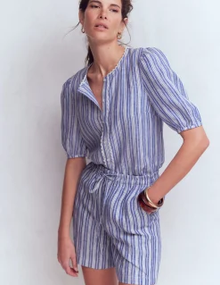 Boden Shorts-Short Islington en lin Rayé bleu connecté