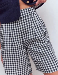 Boden Tenues De Travail|Shorts-Short Kensington en lin Vichy bleu marine et ivoire