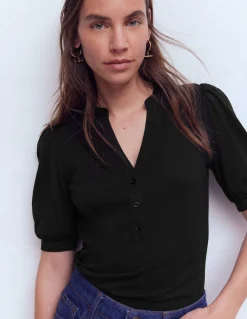 Boden Tops & T-Shirts-Top à manches courtes et col tunisien ouvert Noir