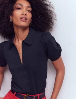 Boden Tenues De Travail|Tops & T-Shirts-Top à manches courtes et col zippé Bleu marine