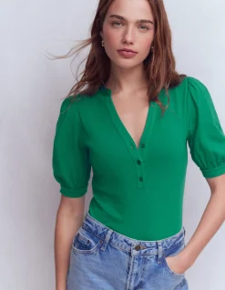 Boden Tops & T-Shirts-Top à manches courtes et col tunisien ouvert Vert joyau