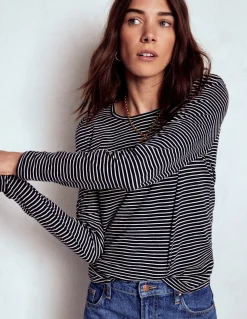 Boden Tops & T-Shirts-Top à manches longues et col rond en coton Bleu marine, rayé ivoire