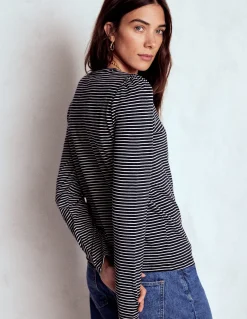 Boden Tops & T-Shirts-Top à manches longues et col rond en coton Bleu marine, rayé ivoire