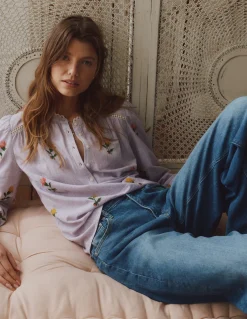 Boden Chemises & Blouses|Tops & T-Shirts-Top brodé à détail Rayé violet et broderie