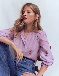 Boden Chemises & Blouses|Tops & T-Shirts-Top brodé à détail Rayé violet et broderie
