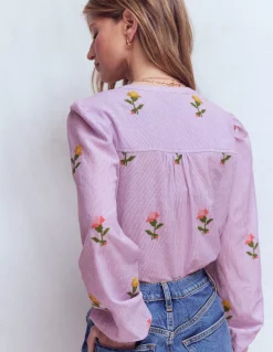 Boden Chemises & Blouses|Tops & T-Shirts-Top brodé à détail Rayé violet et broderie