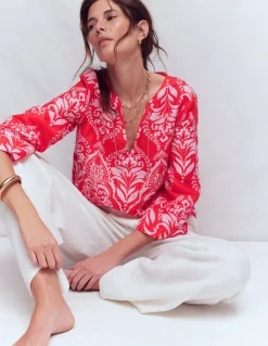 Boden Chemises & Blouses|Tops & T-Shirts-Top Cleo en lin Rouge, motif Ornamental Garden