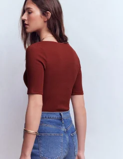 Boden Tops & T-Shirts-Top côtelé à manches courtes et col tunisien Marron grillé