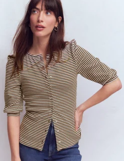 Boden Tops & T-Shirts-Top côtelé Evie à manches bouffantes Terreau, rayé ivoire