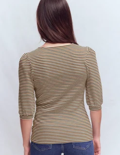 Boden Tops & T-Shirts-Top côtelé Evie à manches bouffantes Terreau, rayé ivoire