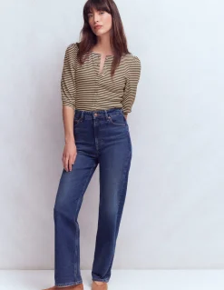 Boden Tops & T-Shirts-Top côtelé Evie à manches bouffantes Terreau, rayé ivoire