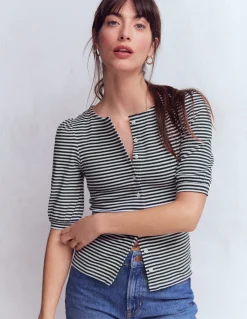 Boden Tops & T-Shirts-Top côtelé Evie à manches bouffantes Ivoire, rayé bleu marine