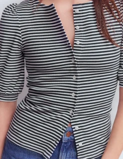 Boden Tops & T-Shirts-Top côtelé Evie à manches bouffantes Ivoire, rayé bleu marine