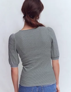Boden Tops & T-Shirts-Top côtelé Evie à manches bouffantes Ivoire, rayé bleu marine