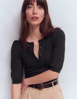 Boden Tops & T-Shirts-Top côtelé Evie à manches bouffantes Noir