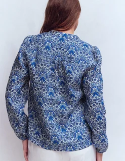 Boden Chemises & Blouses|Tops & T-Shirts-Top en lin à détails intégrés Bleu, motif Elaborate Terrace