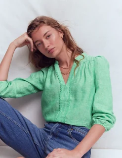 Boden Chemises & Blouses|Tops & T-Shirts-Top en lin à détails intégrés Chambray vert aloe vera