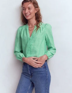 Boden Chemises & Blouses|Tops & T-Shirts-Top en lin à détails intégrés Chambray vert aloe vera