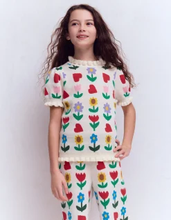 Boden Pulls & Gilets|Ensembles Assortis-Top en maille à volants Motif Sunflower Garden écru chiné