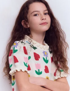 Boden Pulls & Gilets|Ensembles Assortis-Top en maille à volants Motif Sunflower Garden écru chiné