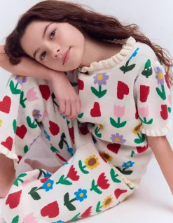 Boden Pulls & Gilets|Ensembles Assortis-Top en maille à volants Motif Sunflower Garden écru chiné