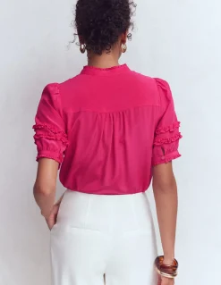 Boden Chemises & Blouses|Tops & T-Shirts-Top en soie à manches courtes et volants Rose éclatant